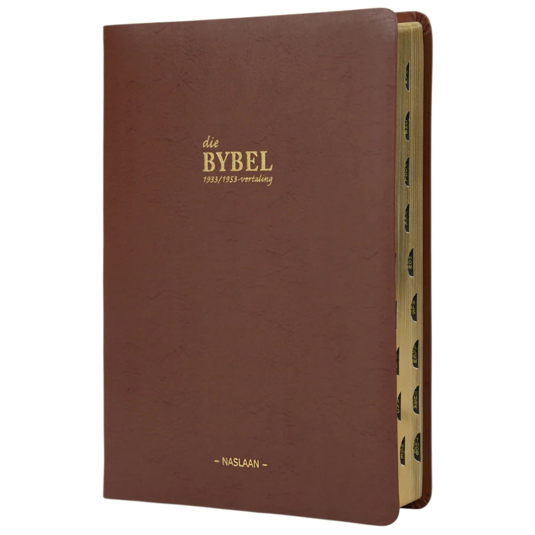 1933/1953 Vertaling Bybel, Bruin Kunsleer Grootdruk met Duimgrepe